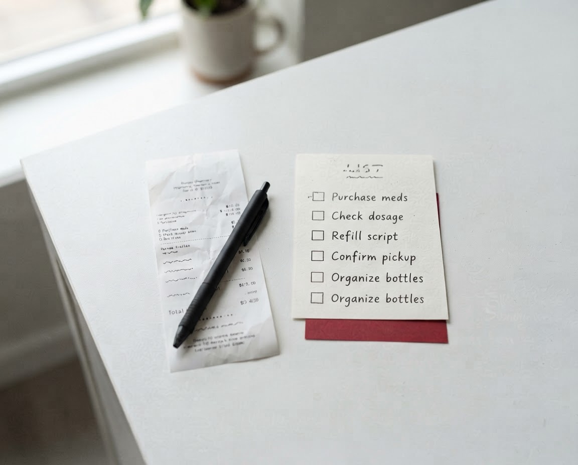 Generic shopping receipt beside a pen and blank survey checklist