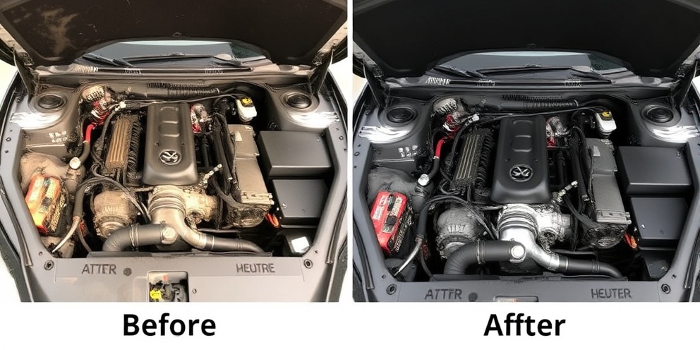 Before and after engine bay cleaning