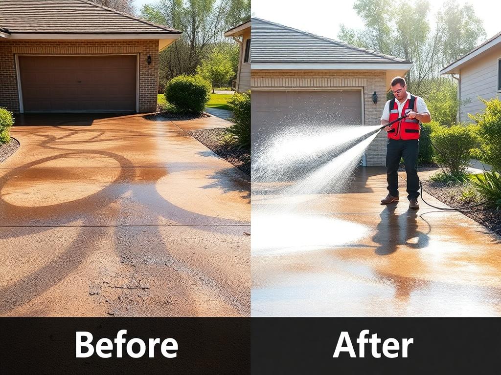A before and after scene showing a technician pressure washing