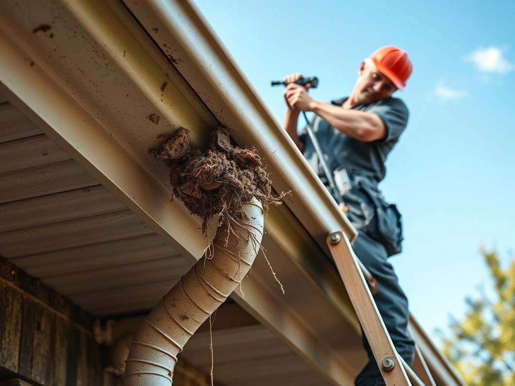 An expert technician performing maintenance on a gutter system, standing
