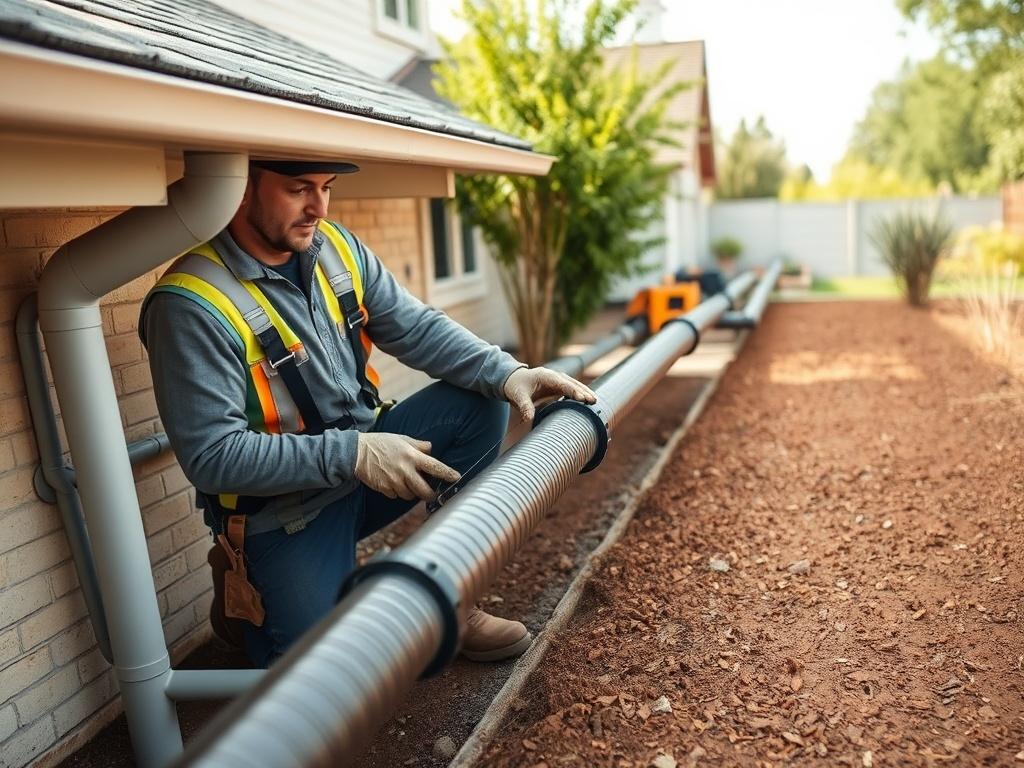 A skilled technician installing a gutter drainage system on a residential property. The technician is focused, wearing safety gear, and using tools to secure the drainage pipes. The background features a well-maintained yard with natural earth tones and textures, highlighting the importance of proper water management. The scene is clear and composed, emphasizing the technician's expertise and the quality of the installation.