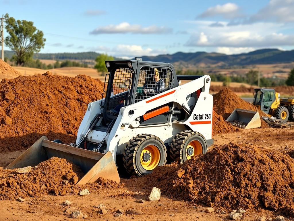 A high-resolution image of a skilled operator using a skid steer loader on a construction site, expertly grading dirt and rocks. The scene shows the skid steer in action with a clear view of the operator focused on the task. Surrounding the skid steer are piles of dirt and rocks, with a beautiful natural landscape in the background. The image has earthy tones and textures, reflecting a rugged and grounded aesthetic.