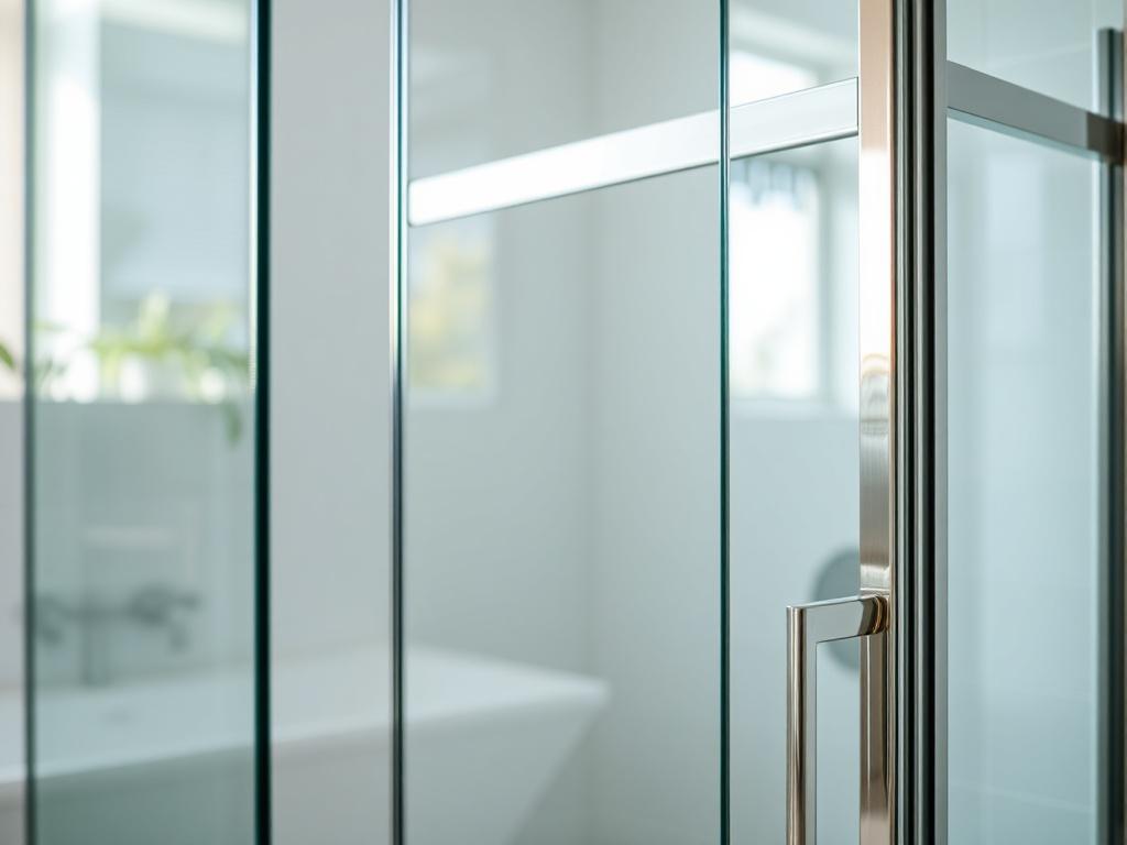Create a realistic, high-resolution close-up photo of a sleek, modern custom shower enclosure installed in a bright, elegant bathroom. The single subject is the shower enclosure, showcasing pristine, clear glass panels with polished metal framing that reflects a subtle, calming blue tone (rgb(26, 178, 228)) in the highlights. Capture the enclosure from a slight angle to emphasize its precise fit and clean lines, demonstrating its tailored craftsmanship. The background is softly blurred but hints at a minima