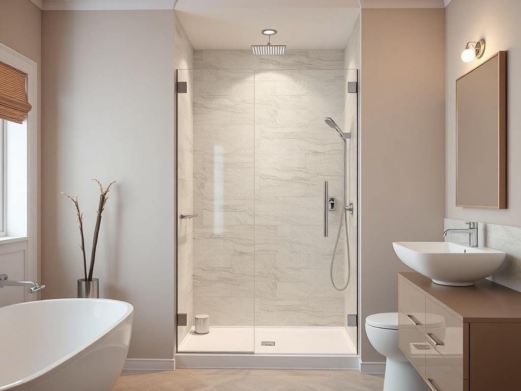 **AI Image Generation Prompt:**

Create a realistic high-resolution photo showcasing a single custom shower door installation in a modern bathroom setting. The shower door should be the only subject of the image, meticulously designed with clear glass that demonstrates its quality and craftsmanship. The composition should be simple and clear, focusing on the beauty of the shower door itself.

In the background, include a tastefully decorated bathroom with soft, neutral tones to create an inviting atmosphere