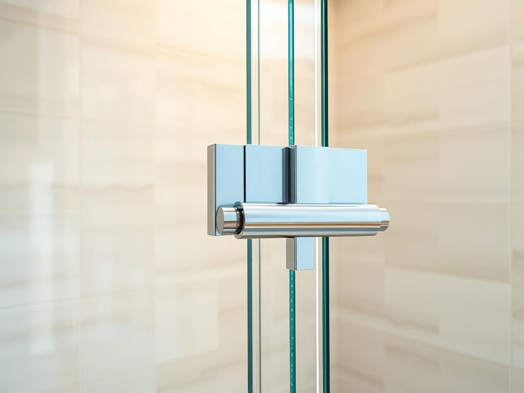 **AI Image Generation Prompt:**

Create a realistic high-resolution close-up image that vividly depicts an intricately designed shower glass door with a focus on its hinges and wall alignment. The composition should prominently feature the flexible hinge mechanism, showcasing its details and functionality, while the edges of the glass door should appear sleek and polished. 

The shower glass door should be partially ajar, allowing viewers to see the pristine interior of the shower space, enhancing the visua