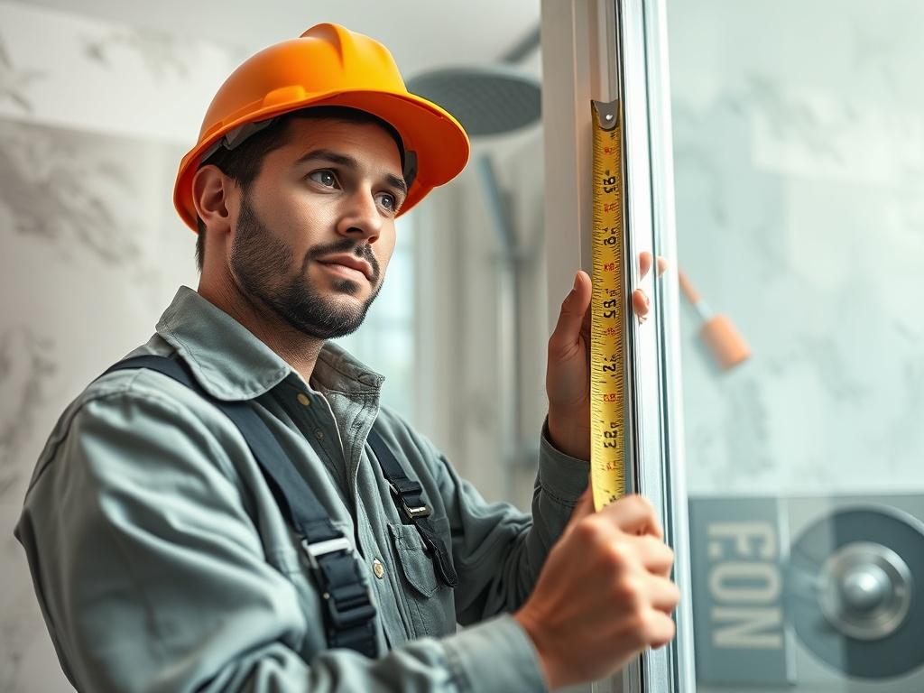 **AI Image Generation Prompt:**

Create a highly detailed, realistic high-resolution photo that visually represents the blog titled "What a Shower Glass Company Actually Does (That You Don’t See)." Focus on a professional installer in the midst of a meticulous measurement process for custom shower glass installation. 

**Subject Matter:** The main subject should be a skilled technician, dressed in a work uniform, using a measuring tape to check angles on a bathroom wall, emphasizing attention to precision a