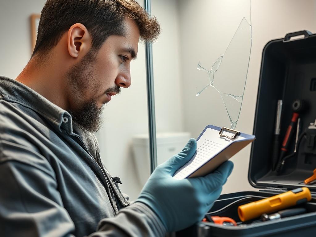 **AI Image Generation Prompt:**

Create a realistic high-resolution photo focusing on a detailed close-up shot of a professional inspecting shower glass within a bathroom setting. The subject is a skilled technician, wearing safety gloves and holding a clipboard, examining the edges of broken shower glass. The technician should have a serious yet focused expression as they check for wall damage, old hardware, and evidence of what caused the break. 

The background should feature a well-lit bathroom with sof