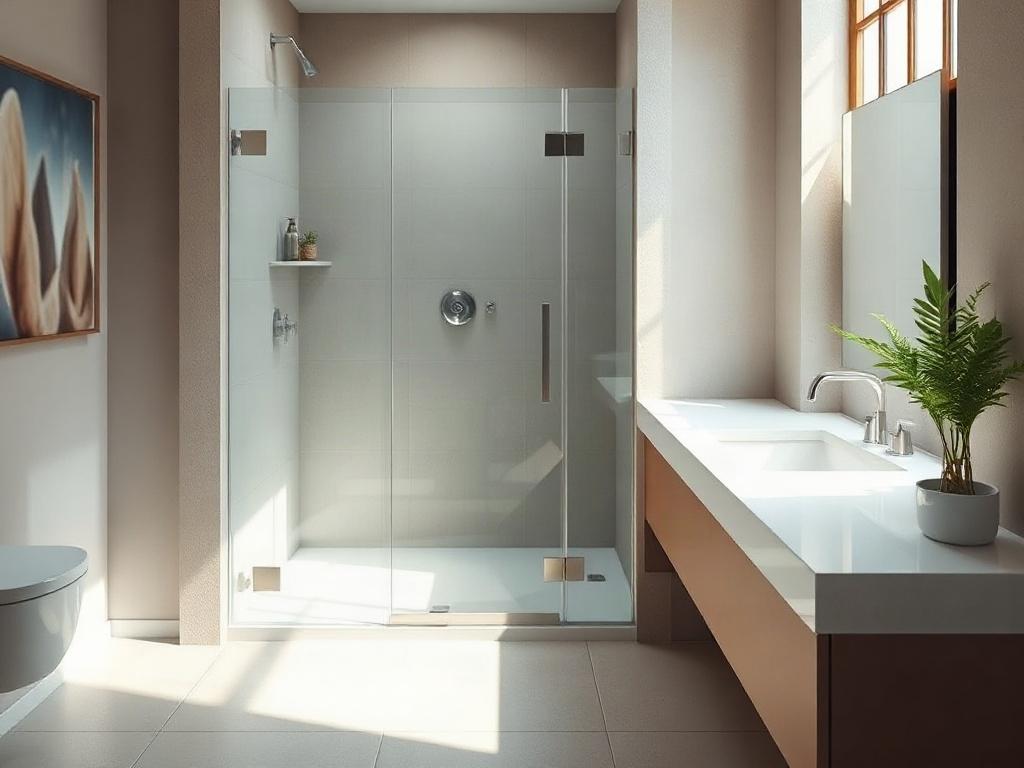 **AI Image Generation Prompt:**

Create a highly realistic, high-resolution photo focused on a single custom glass shower door in a modern bathroom setting. The shower door should be frameless and made of thick glass, showcasing its clarity and elegance. Incorporate subtle reflections and lighting that highlight the glass's surface, emphasizing its quality and thickness.

Set the image against a clean, minimalist bathroom backdrop, featuring neutral-toned walls and a sleek, contemporary shower area. The flo