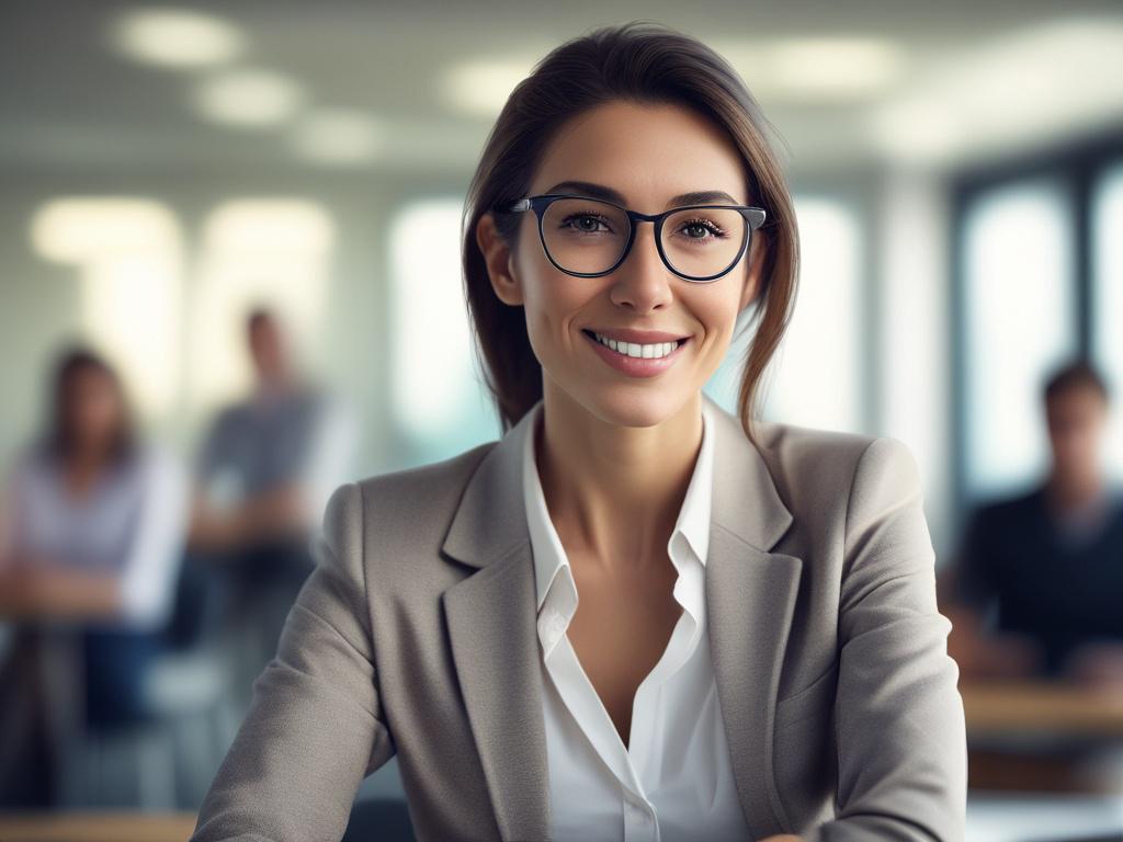 Create a hyper-realistic close-up shot of a confident professional woman, mid-action, engaged in a virtual training session for Product Management. She should be surrounded by modern tech tools, with a focus on a laptop screen displaying product diagrams. The background should be softly blurred to emphasize her engagement. Use a shallow depth of field with a bokeh effect, shot with a 45mm f/1.2 lens style. The image should align with the color theme of rgb(50, 170, 39).