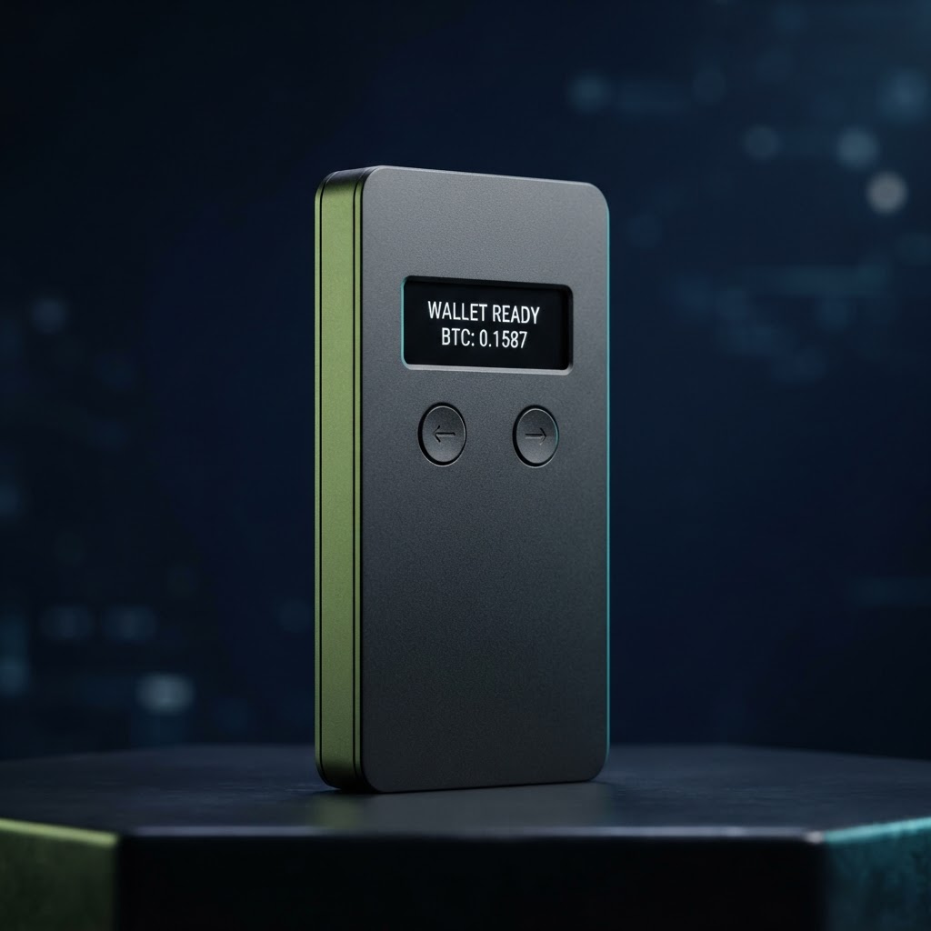 Graphite hardware wallet device shown in full against a dark studio background