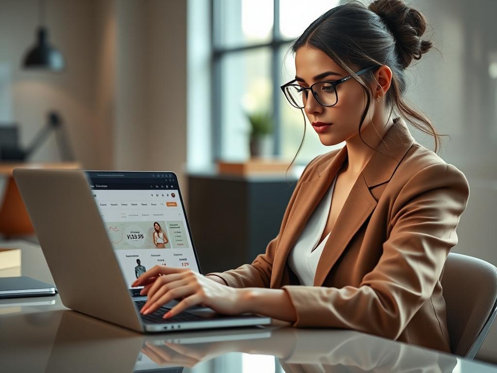 Create a hyper-realistic, high-resolution close-up photo of a confident woman entrepreneur sitting at a modern workspace, focused intently on a sleek laptop displaying an elegant Shopify dashboard. The woman should be dressed in stylish, contemporary women’s fashion, subtly reflecting the warm, rich brown tone rgb(61, 34, 12) in her outfit or accessories to harmonize with the Harittea LLC brand color. The composition is simple and clear, featuring only the single subject centered prominently in the frame to