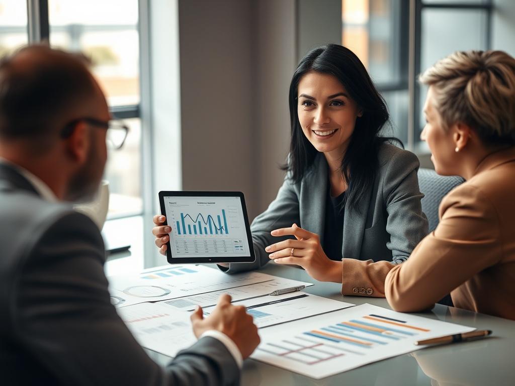 A high-resolution close-up photograph of a professional consultant engaged in a strategic planning session. The consultant, a mid-30s woman with black hair, is seated at a sleek, modern desk covered with charts and digital devices. She is actively discussing strategies with a client, gesturing towards a digital tablet displaying graphs. The background is softly blurred to emphasize the focused interaction, with warm lighting adding a professional yet inviting atmosphere.