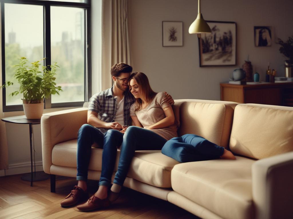 A couple sharing a cozy moment on a couch, with
