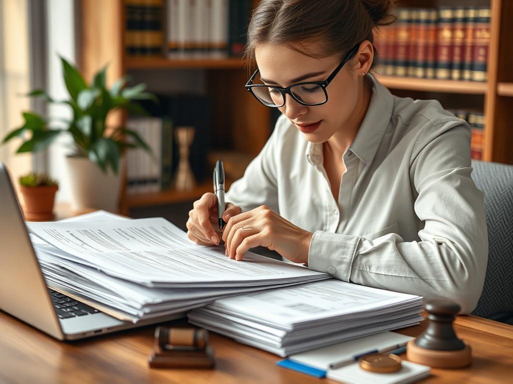 **AI Image Generation Prompt:**

Create a highly realistic high-resolution image that captures the essence of the blog titled "Why Your Academic Credentials Still Need Human Translation in the Age of AI." The composition should be simple and clear, featuring a single focused subject: a certified translator seated at a desk, inspecting a stack of academic documents (such as diplomas, transcripts, and certificates) with great attention to detail. The translator, a professional in their 30s, is depicted mid-ac