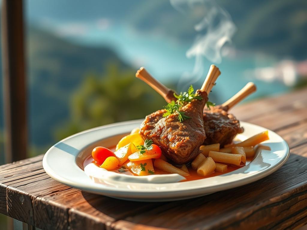 Create a highly detailed, realistic high-resolution photo that captures the essence of tourism in Albania. The composition should feature a stunning close-up of a traditional Albanian dish, such as Tavë Kosi (baked lamb with yogurt), elegantly presented on a rustic wooden table. The only subject of the image should be the beautifully garnished dish, showcasing vibrant colors and textures, including golden lamb, creamy yogurt, and fresh herbs.

In the background, softly blur the scenery to evoke a warm, invi