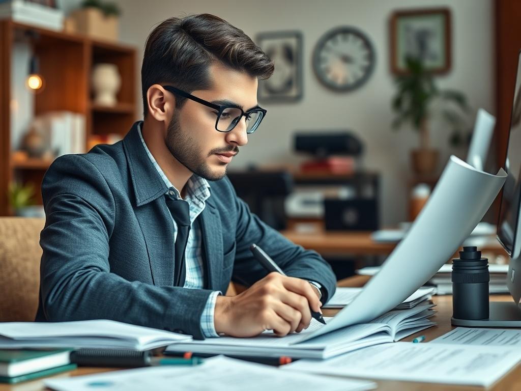 A close-up of a professional translator working at a desk, surrounded by translation tools and documents, with a soft-focus background of a cozy office. The image should capture the essence of professionalism and dedication in translation work, emphasizing the translator's focus and expertise.