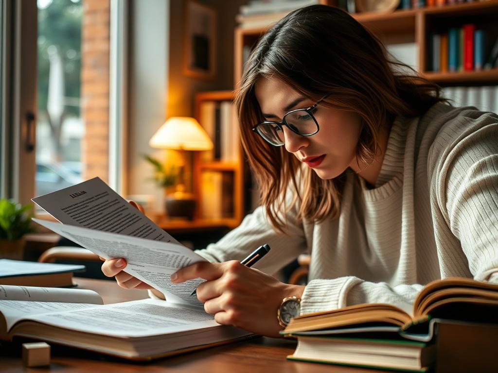 A close-up shot of a translator working diligently on an Italian text, with Albanian language notes and reference books around, emphasizing the dedication and expertise in translation. The background should be a warm, inviting workspace that inspires creativity and focus.
