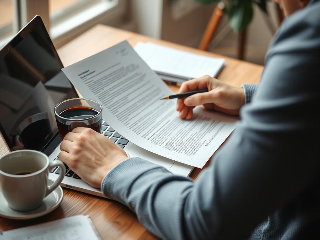 A close-up image of a translator deeply engaged in translating a document on a laptop, with notes and a cup of coffee nearby, reflecting a focused and professional atmosphere. The setting should convey a sense of productivity and commitment to quality work.
