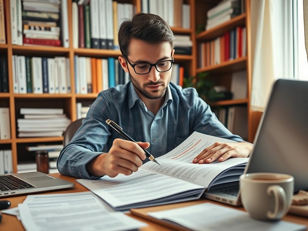 Create a realistic high-resolution photo that depicts a single subject deeply engaged in the process of translating marketing materials into Albanian. The subject should be an individual—a professional translator or marketer—sitting at a well-organized desk. They are intently reviewing a document filled with Albanian marketing materials, highlighting and marking areas that require correction to address common mistakes in translation.

The background of the image should feature bookshelves filled with transl