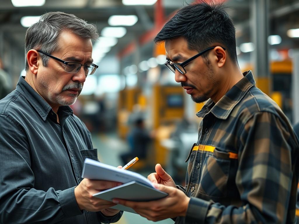 **AI Image Generation Prompt:**

Create a highly detailed and realistic high-resolution photo that visually encapsulates the theme of "Why Auditors Need Local Language Expertise." 

**Composition:** Focus on a single subject, an experienced auditor, who is engaged in a serious discussion with a factory worker. The auditor should be depicted as middle-aged, wearing professional attire, with a thoughtful expression that conveys deep listening and understanding. The factory worker should be casually dressed, l