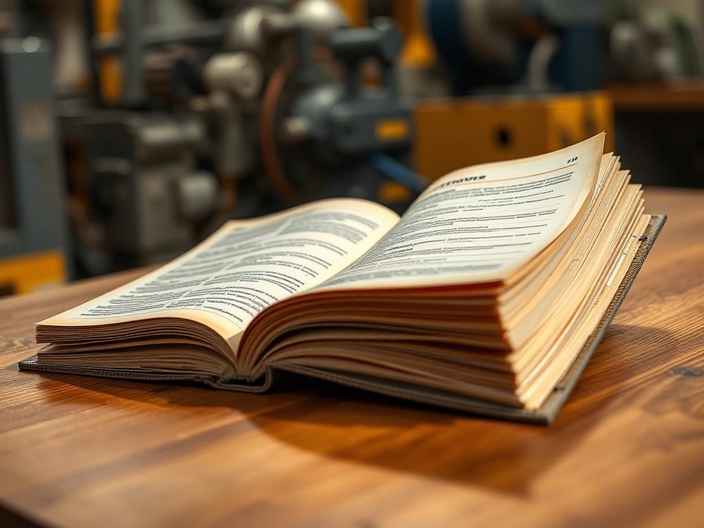 **Prompt for AI Image Generation:**

Create a hyper-realistic close-up photo focusing on a well-worn manufacturing handbook or manual lying open on a wooden table. The pages should display structured, neatly arranged text and bullet points, symbolizing a comprehensive Code of Conduct. The background should subtly include industrial elements, like soft-focus machinery or equipment, to convey a manufacturing environment without being distracting. 

The lighting should be warm and inviting, highlighting the texture of the pages and the natural grain of the wooden table, while casting gentle shadows to create depth. Ensure the photo does not include other objects or people, keeping the composition simple and focused on the handbook as the sole subject. The overall color palette should be compatible with the primary color rgb(50, 170, 39), incorporating natural hues that suggest a professional manufacturing setting. This image should effectively represent the importance of a strong Code of Conduct in manufacturing facilities.