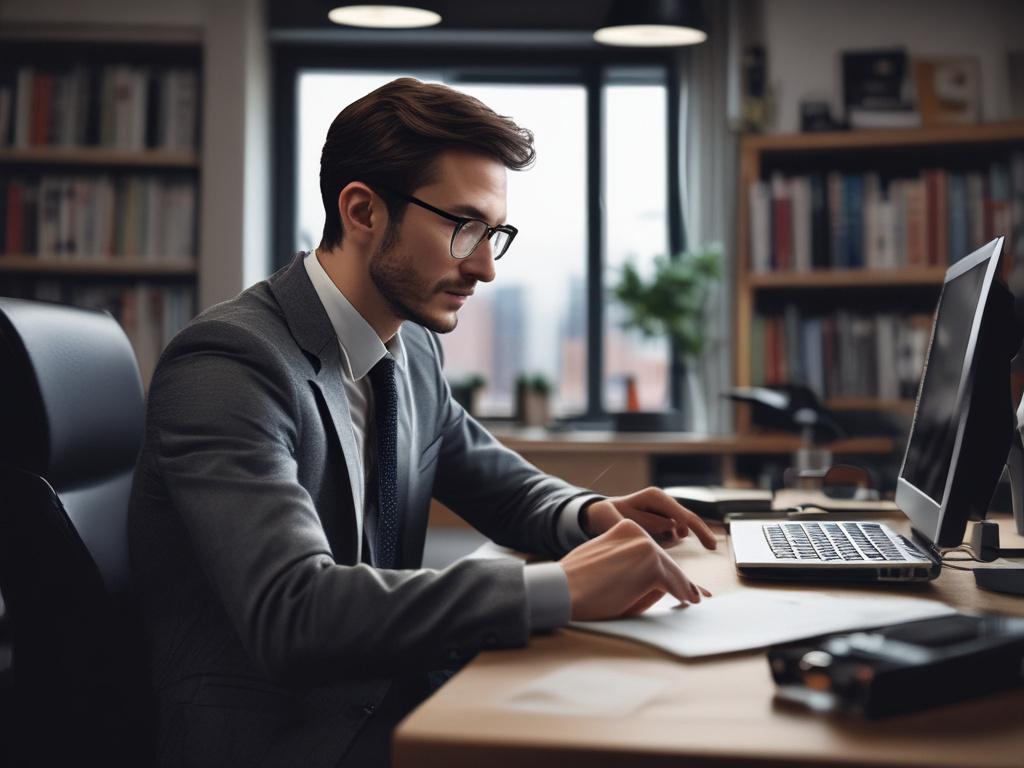 Create a hyper-realistic, high-resolution close-up photo of a focused freelance translator at their workspace. The subject is a mid-30s professional, seated at a clean, modern desk, typing on a laptop with visible translation software or documents softly blurred in the background (avoid legible text). Capture the image with a 45mm f/1.2 lens style to achieve a shallow depth of field, highlighting the translator’s intense concentration and hands on the keyboard. The background features minimalistic elements 