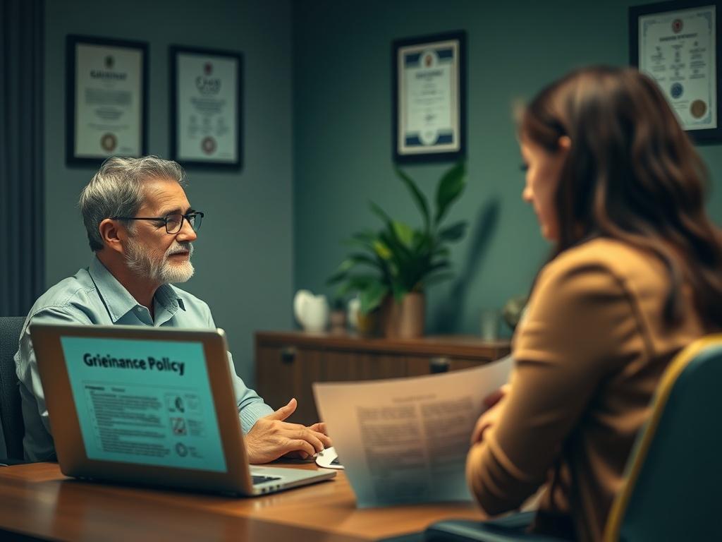 **AI Image Generation Prompt:**

Create a realistic high-resolution photo that illustrates the concept of a grievance policy in social compliance. The composition should feature a single, clear subject: an office setting with a compassionate HR professional sitting across from a concerned employee. The HR professional should be depicted as an empathetic figure, actively listening to the employee who is expressing their concerns. 

In the background, include elements that suggest a professional workplace, su