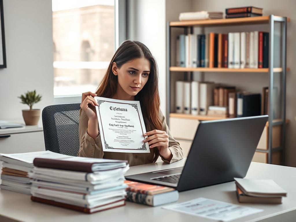 Create a highly realistic, high-resolution image featuring a single human subject seated at a clean, simple desk in a well-lit office environment. The subject should be a professional translator, an Albanian woman in her early 30s, working diligently on translating academic documents. She is focused, with a look of concentration as she examines a diploma and certification placed prominently on the desk. 

The subject is surrounded by neatly organized stacks of academic transcripts in both English and Albani