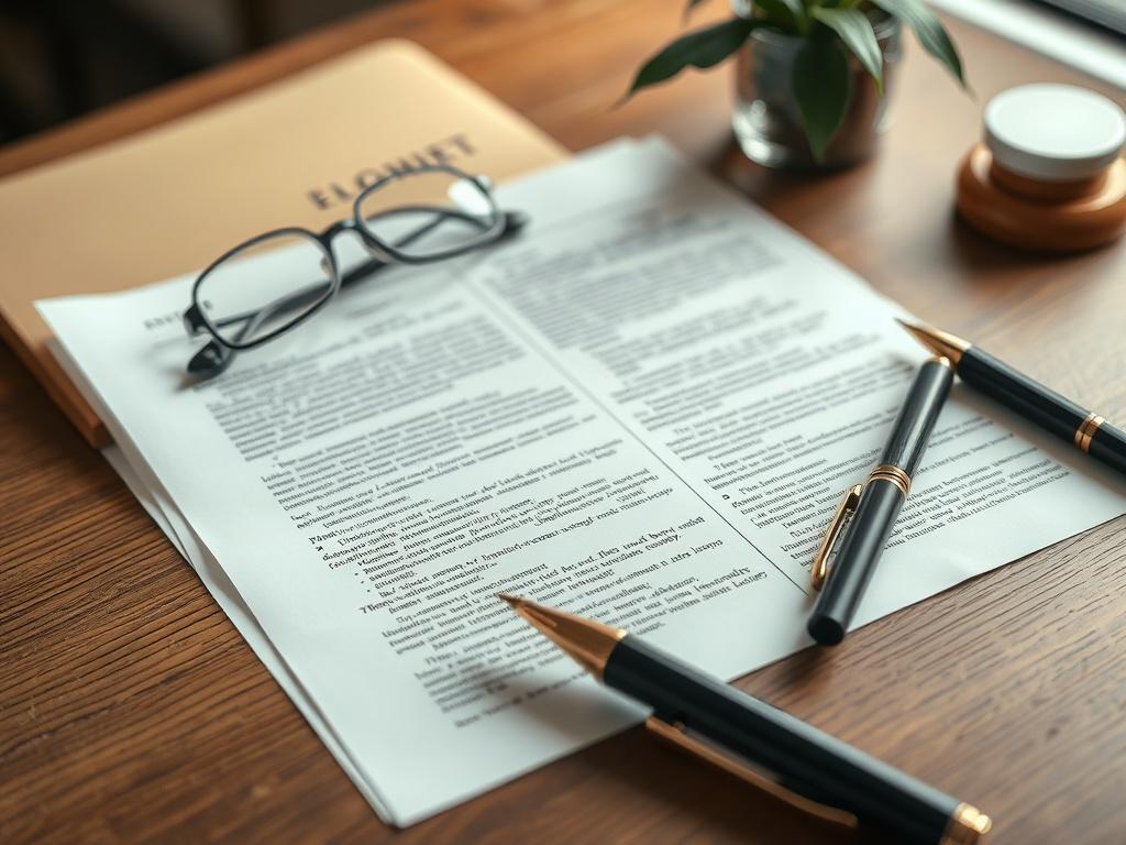 Generate a highly realistic, high-resolution photo featuring a focused shot of a single, open legal document on a wooden desk. The document should display complex legal text in both English and Albanian, clearly illustrating the importance of precise translation. The background should be softly blurred to keep the attention on the document while incorporating subtle elements like a stylish pair of glasses and a sleek pen, symbolizing professionalism and attention to detail. The color scheme of the image sho