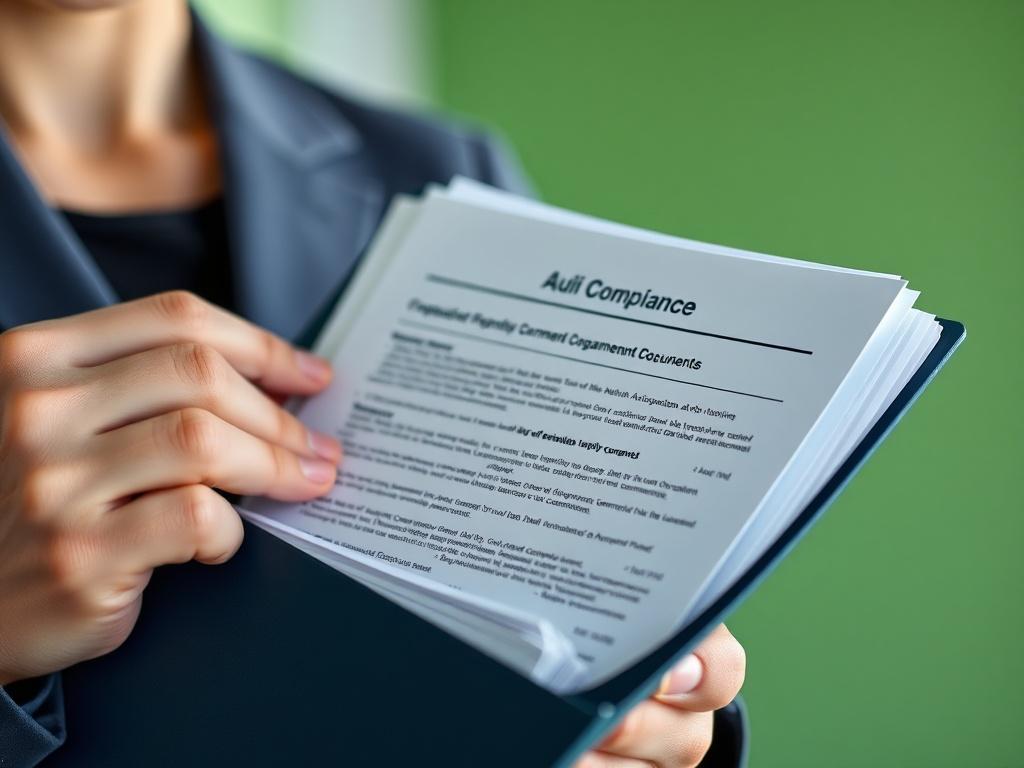 A close-up shot of a professional holding a well-organized document folder filled with various compliance documents like audit reports, codes of conduct, and policy papers. The background is softly blurred to emphasize the documents, with a subtle green hue to align with the RGB(50, 170, 39) primary color. The lighting is bright and inviting, showcasing the importance of clear and compliant documentation.