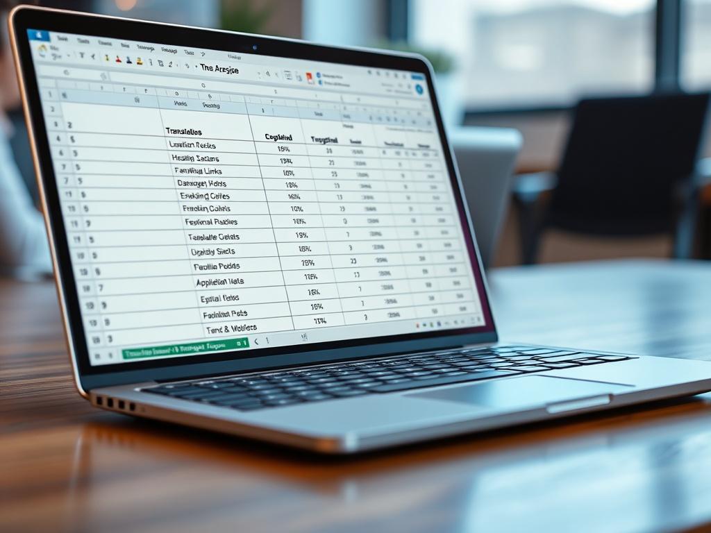 A close-up shot of a sleek laptop displaying a well-organized Excel spreadsheet. The spreadsheet showcases various translation agencies with columns for headquarters location, website links, application methods, and accreditation notes. The background should be softly blurred, emphasizing the clarity and detail of the laptop screen. The image should have a hyper-realistic quality, shot with a 45mm f/1.2 lens style, utilizing the rgb(50, 170, 39) primary color to create a vibrant and inviting atmosphere.