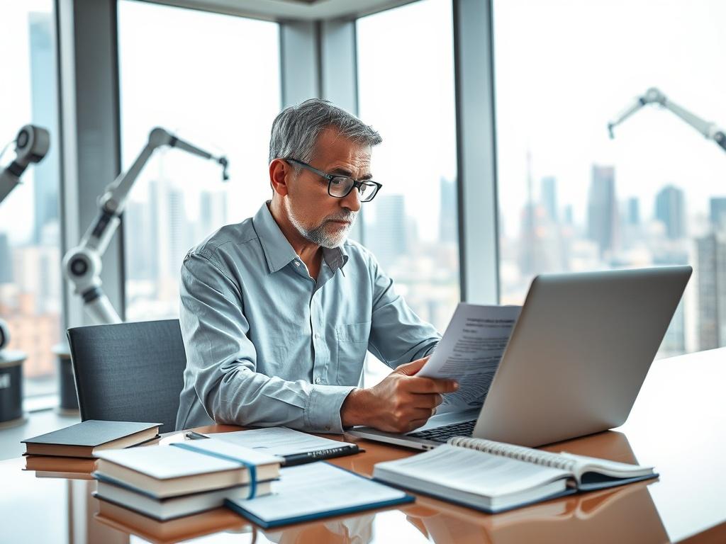 **AI Image Generation Prompt:**

Create a realistic high-resolution photo that captures the essence of the current translation climate and highlights how translators can thrive in the AI era. 

**Composition Details:**
- Focus on one central subject: a professional translator deep in thought while working at a sleek desk in a well-lit modern office. 
- The translator is a middle-aged individual, thoughtfully analyzing a document on their laptop, presenting a sense of focus and determination.
- Their workspa