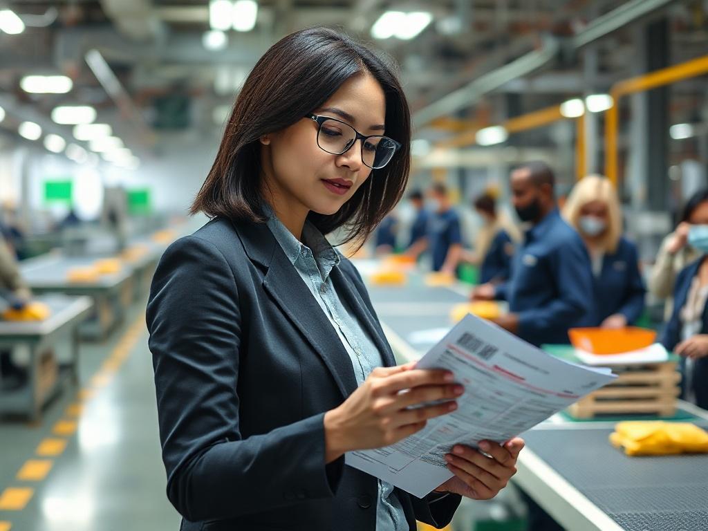 Create a hyper-realistic high-resolution image that captures the essence of a social compliance audit setting in a factory. The image should show a single, focused subject – a professional female auditor in business attire, standing in the foreground, examining a social audit report with a thoughtful expression. She should have shoulder-length dark hair, wearing glasses, and appear engaged and focused on her task.

In the background, depict a bustling factory environment with assembly lines, workers in unif