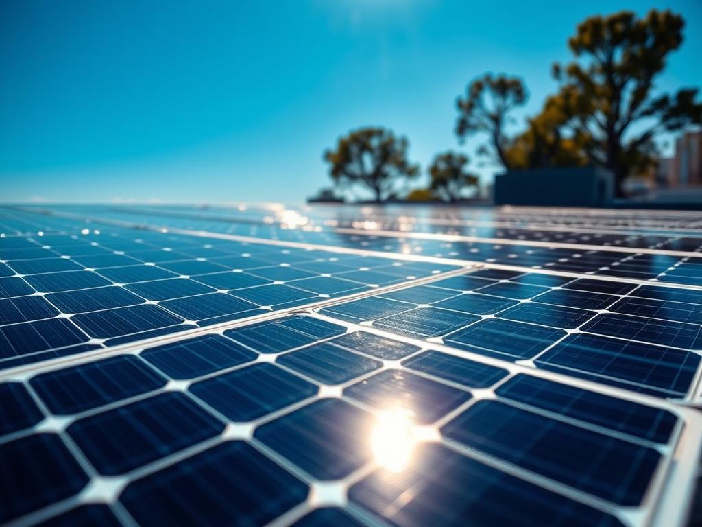 A high resolution close up of solar panels gleaming in