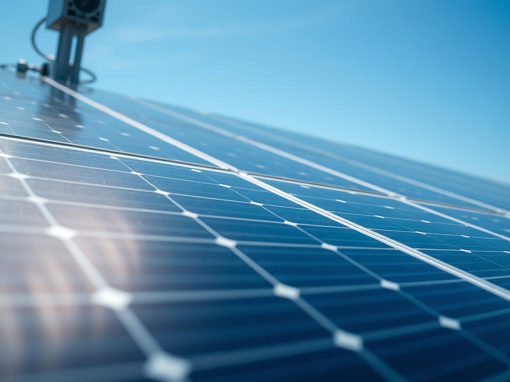 A close-up shot of a modern solar panel installation on a rooftop, showcasing the intricate details of the solar cells and the blue sky in the background. The image should be hyper-realistic, captured as if shot with a 45mm f/1.2 lens, with a focus on the solar panel's texture and reflections, and the primary color rgb(50, 170, 39) subtly incorporated into the environment.