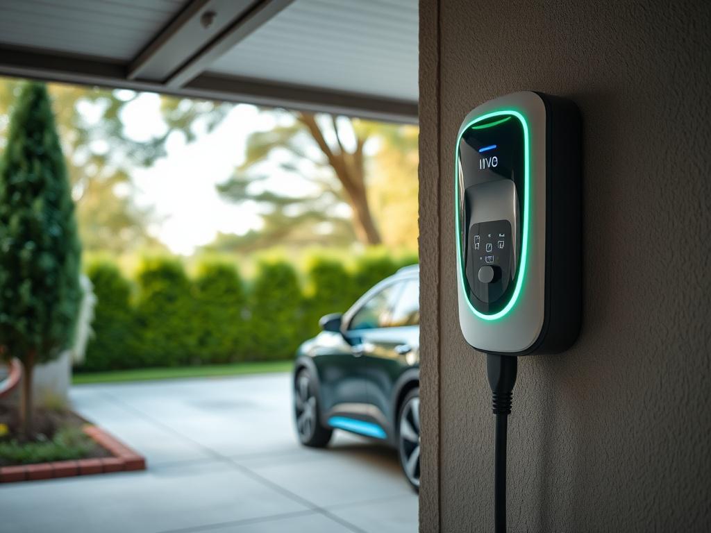 A close-up shot of a modern electric vehicle charger installed on a residential garage wall, showcasing the sleek design and high-tech features of the charger. The background features a well-maintained driveway with a parked electric vehicle, surrounded by lush greenery. The lighting is bright and welcoming, emphasizing the advanced technology of the charger, captured with a 45mm f/1.2 lens style.
