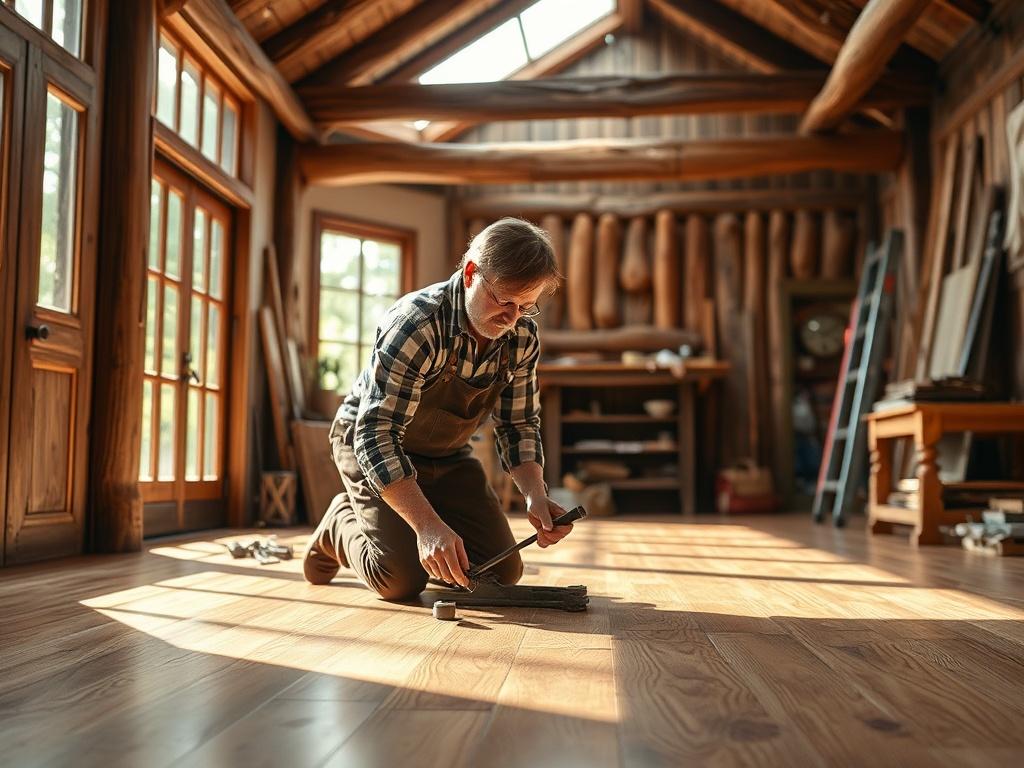 A skilled craftsman refinishing hardwood flooring in a sunlit room,