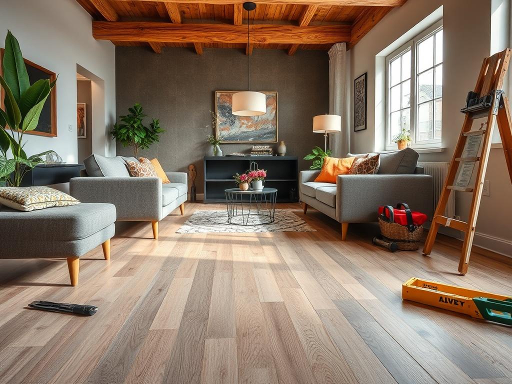 A stylish room showcasing freshly installed laminate flooring  The