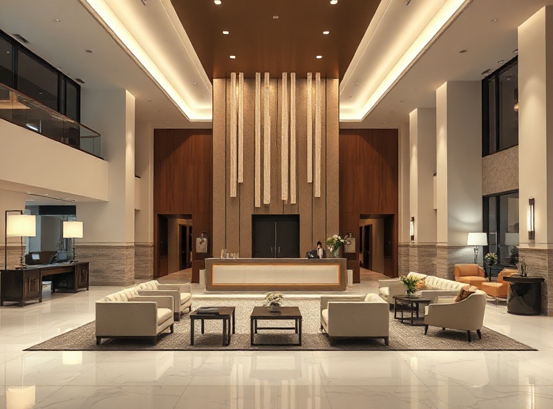 Modern luxury hotel lobby with elegant reception desk and contemporary furnishings