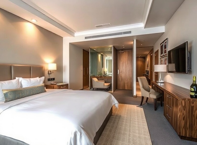 Luxury hotel bedroom with elegantly made bed and modern furnishings