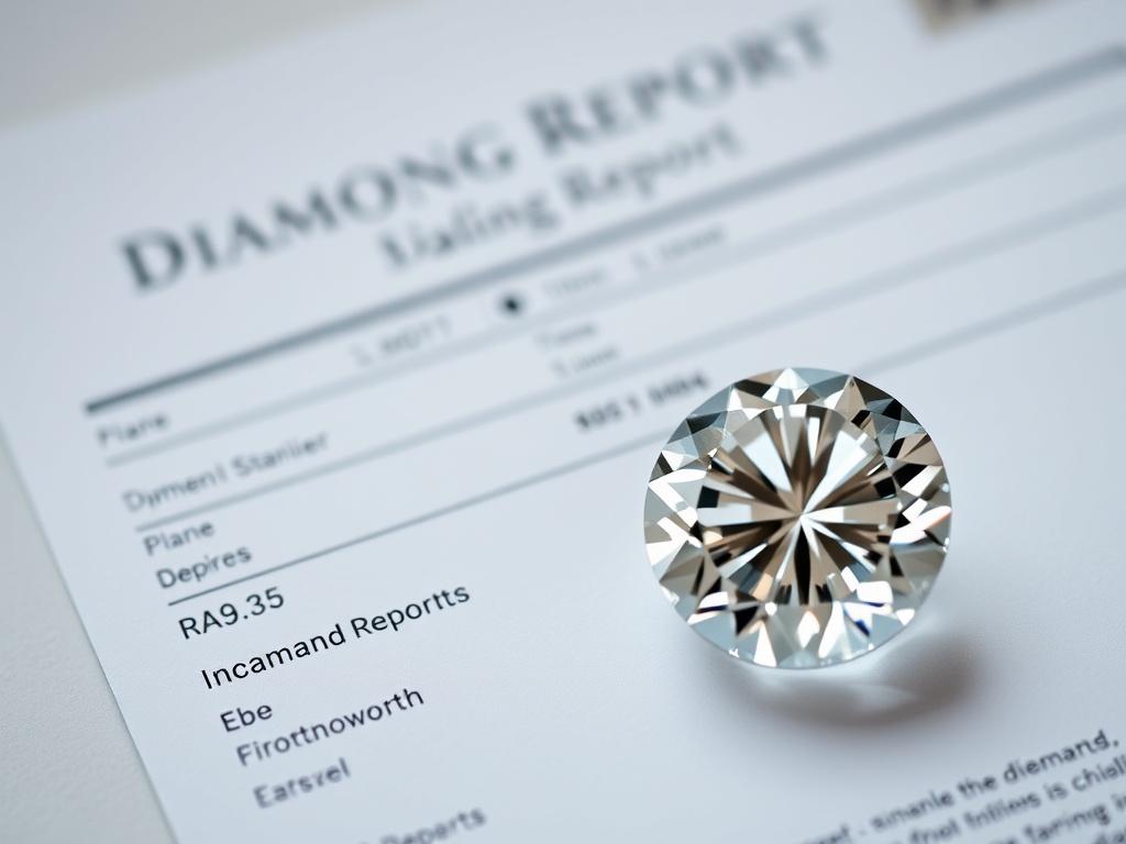 A close-up image of a diamond grading report alongside a sparkling diamond. The shot is captured using a 45mm f/1.2 lens, with the report slightly out of focus to emphasize the diamond's brilliance. The background is neutral to keep the focus on the diamond and report.