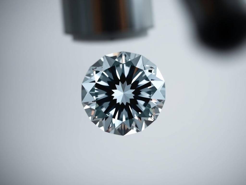 A close-up shot of a diamond under a microscope, focusing on the intricate details of the stone. Shot with a 45mm f/1.2 lens, with a simple and clear composition. The background is softly blurred to highlight the diamond, emphasizing its clarity and brilliance.