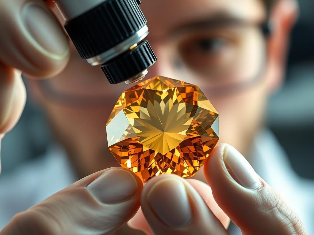 A detailed close-up of a rare gemstone being examined by a gemologist. The image is taken with a 45mm f/1.2 lens, focusing on the gem's unique features. The background is softly blurred, creating a professional and refined atmosphere.