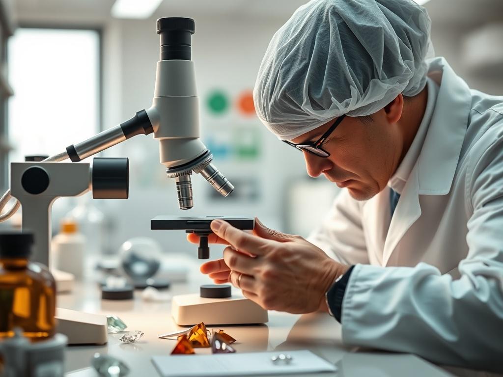 A gemologist examining a diamond under a microscope, with tools