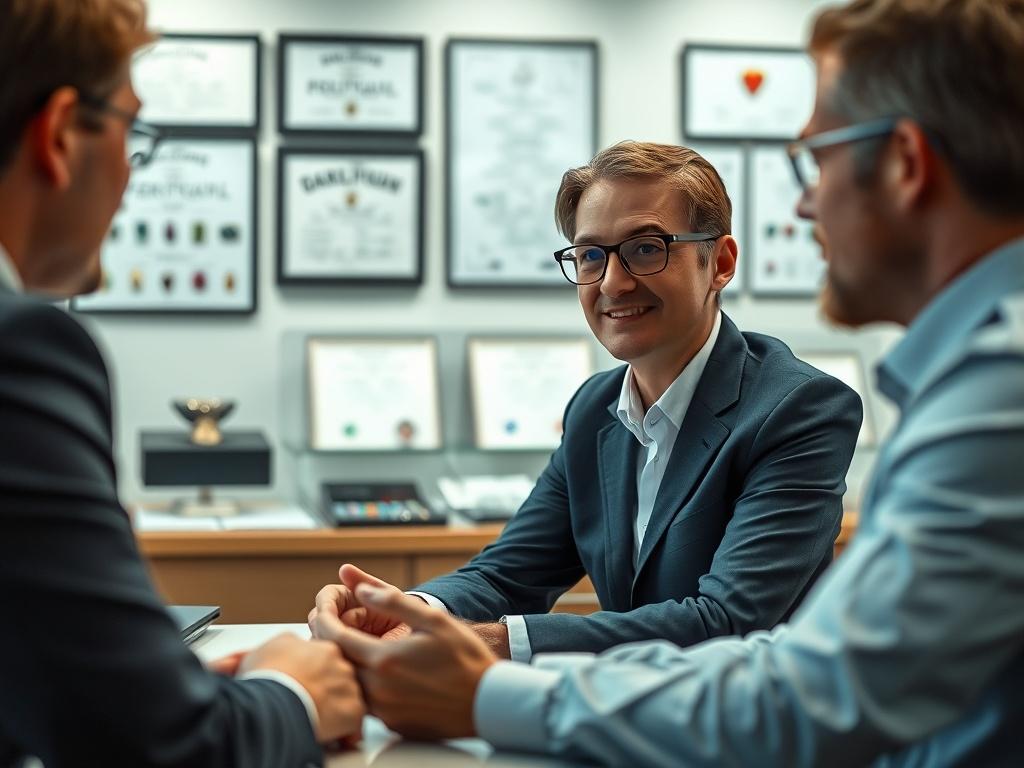 A professional consultant sitting at a desk with a gem
