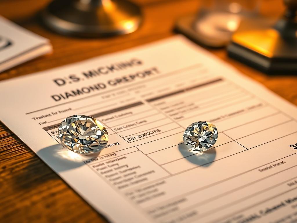 A close-up shot of a diamond grading report on a wooden desk, featuring a shining diamond beside it. The report is opened to show detailed grading information. The background is softly blurred to focus on the report and diamond, with warm light highlighting the diamond's facets.