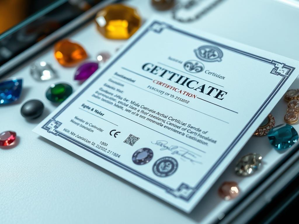 A high-resolution image of a gemstone certification document, placed on a jewelry display tray with various gemstones in the background. The focus is on the certification details, with bright lighting emphasizing the clarity of the document.