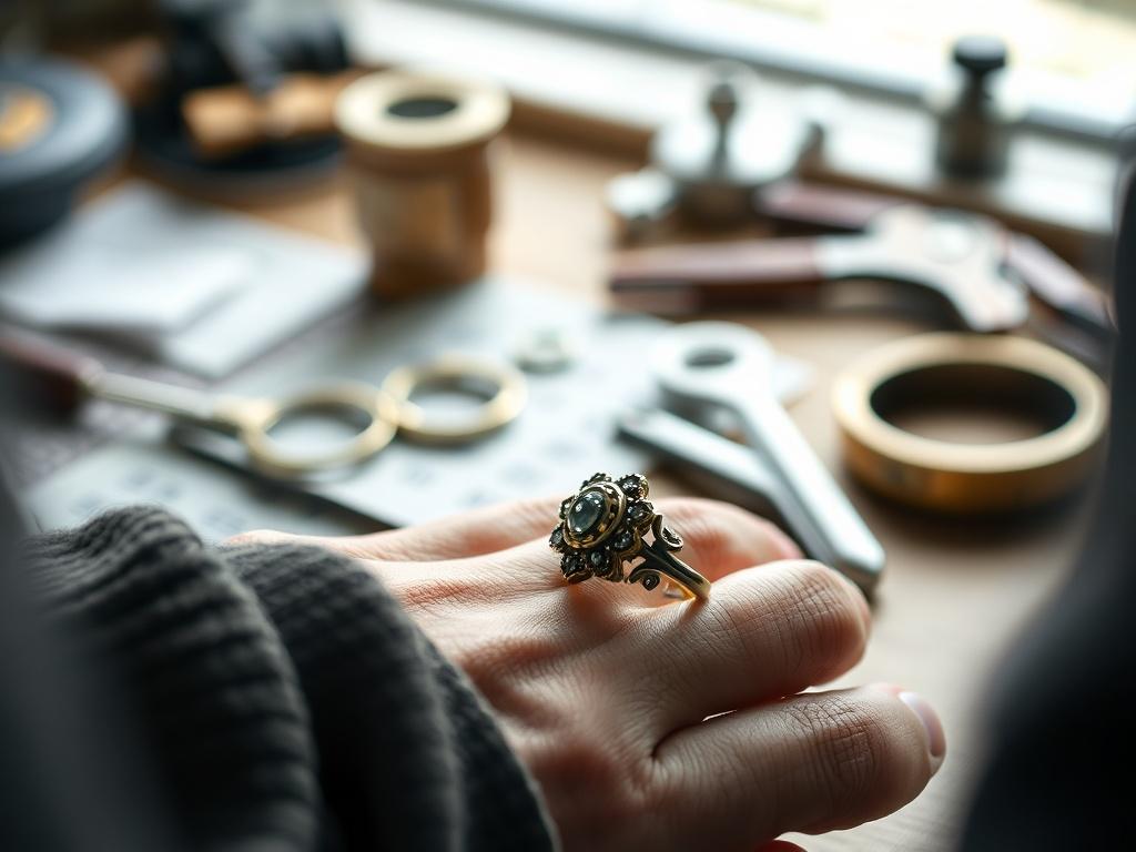 A close-up shot of an antique ring being appraised by a professional. The background is softly blurred, with tools of the appraisal trade visible, creating a sense of authenticity and expertise.
