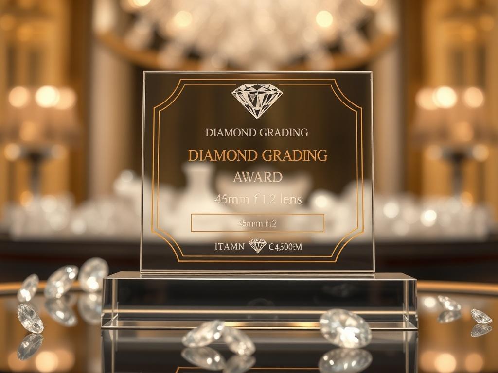 A close-up high-resolution image of a diamond grading award on a display stand, with diamonds in the background. The setting should convey a luxurious atmosphere, with soft lighting highlighting the brilliance of the diamonds.