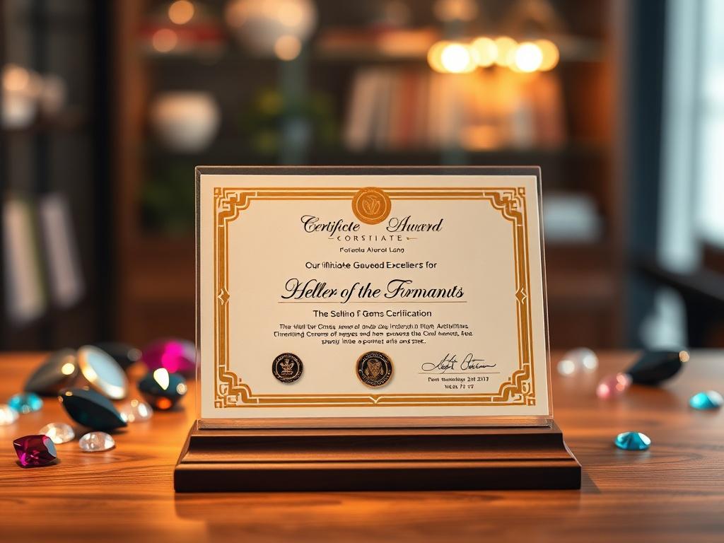 A realistic high-resolution image of a certificate award for excellence in gem certification, displayed on a wooden desk with a soft-focus background featuring gemstones. The lighting should be warm and inviting, emphasizing the quality of the award.